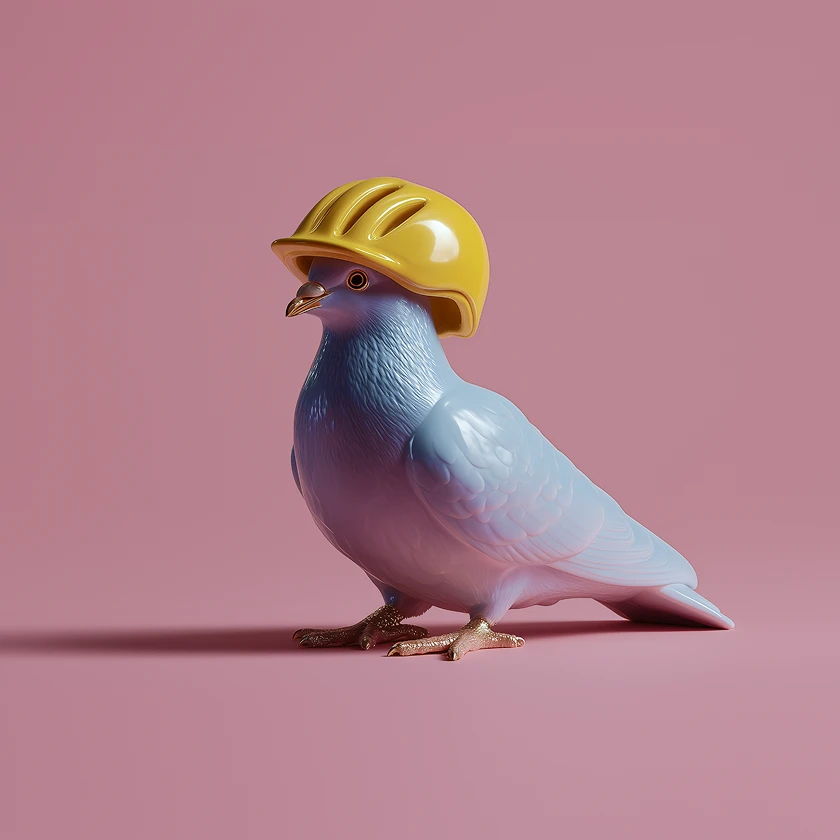 A small bird with a hard hat on.