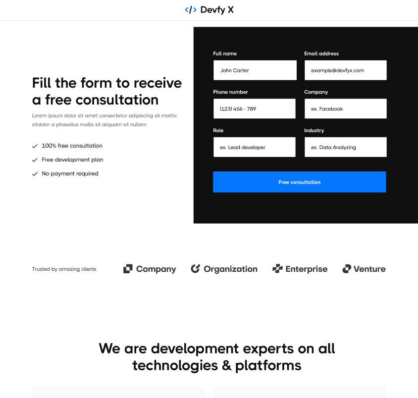 Devfy X - Landing Page Hero Page - Development Agency Webflow Template