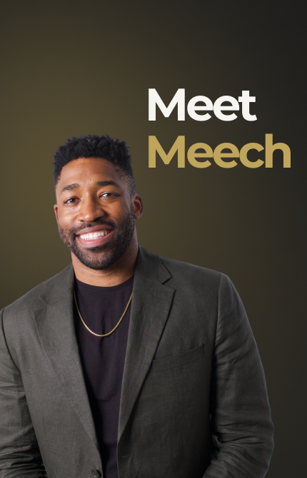 Meech Robinson (Meech) smiling wearing a dark blazer and gold chain standing against a dark background with the text 'Meet Meech'.