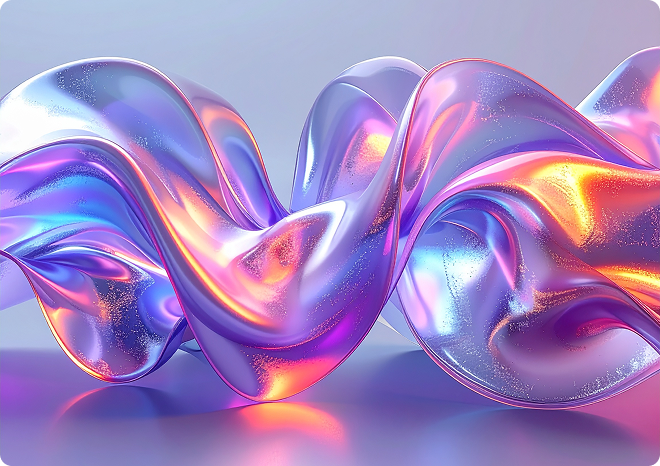 Abstract flowing, iridescent ribbon-like shape with purple, pink, and orange highlights on a light background.
