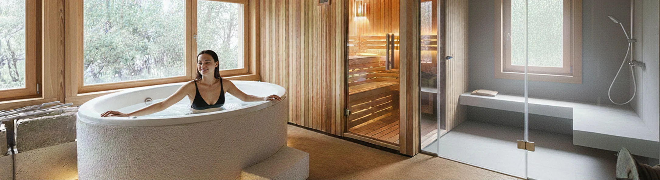 Concept di centro benessere con vasca idromassaggio e sauna, progettazione centri benessere Wellness Design