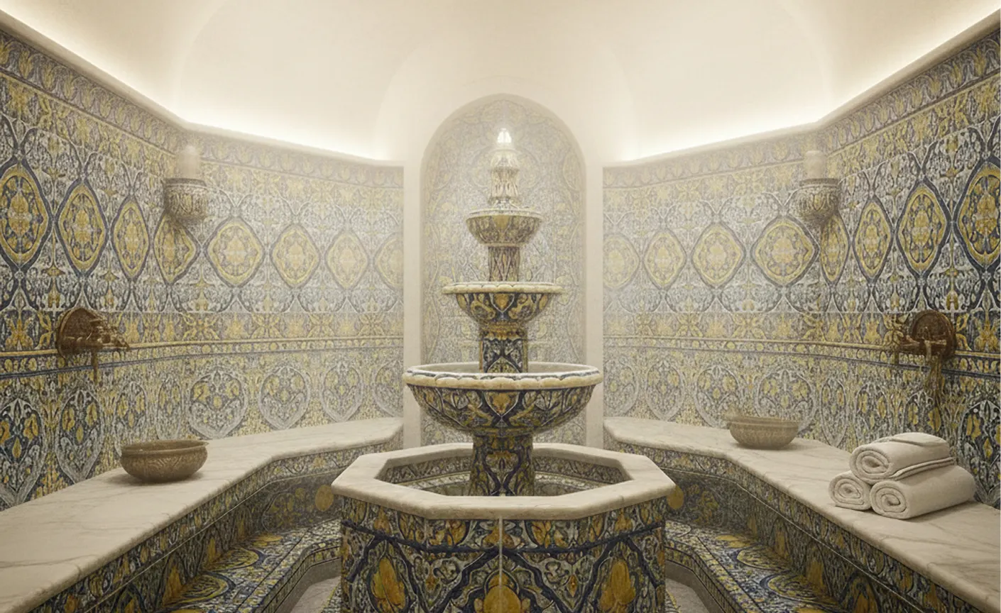 Bagno turco professionale in marmo e maiolica, concept Wellness Design