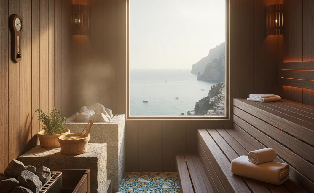 Sauna finlandese professionale con vetrata, concept Wellness Design