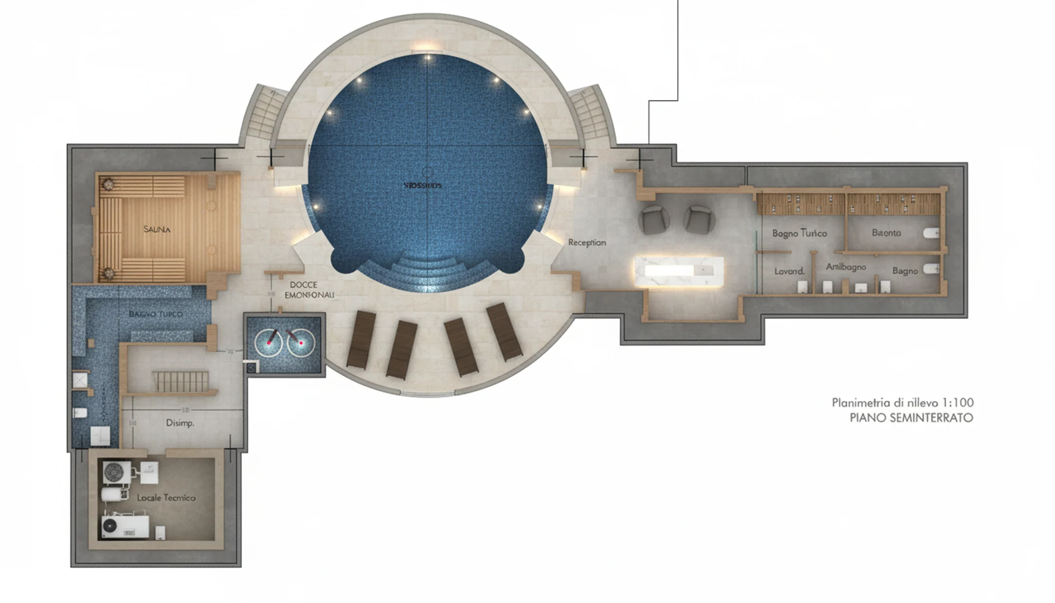 Planimetria di progetto di un centro benessere in seminterrato, progettazione spa Wellness Design