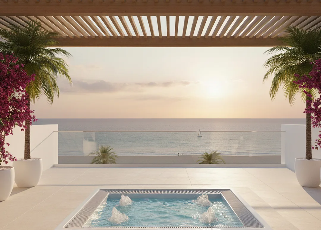 Concept di minipiscina idromassaggio su terrazza d'hotel, spa per hotel Wellness Design