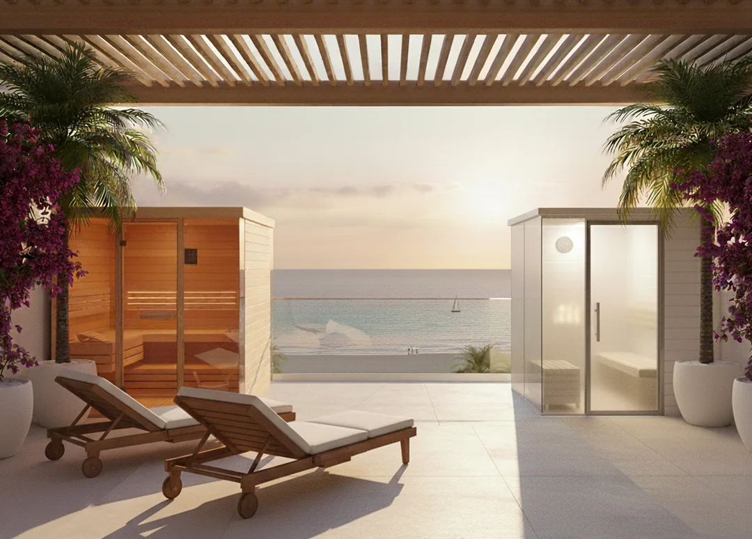 Concept di sauna e bagno turco da esterno su terrazza d'hotel, realizzazione spa per hotel