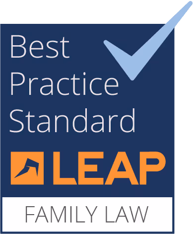 Logo with text 'Best Practice Standard' in white, a blue checkmark, LEAP in orange, and 'Family Law' in a white box at the bottom.