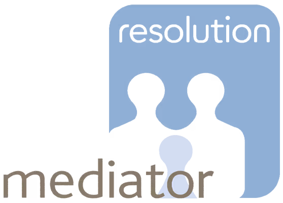 Logo with light blue silhouettes of two people and the word 'resolution' above them, with 'mediator' in brown lowercase letters below.