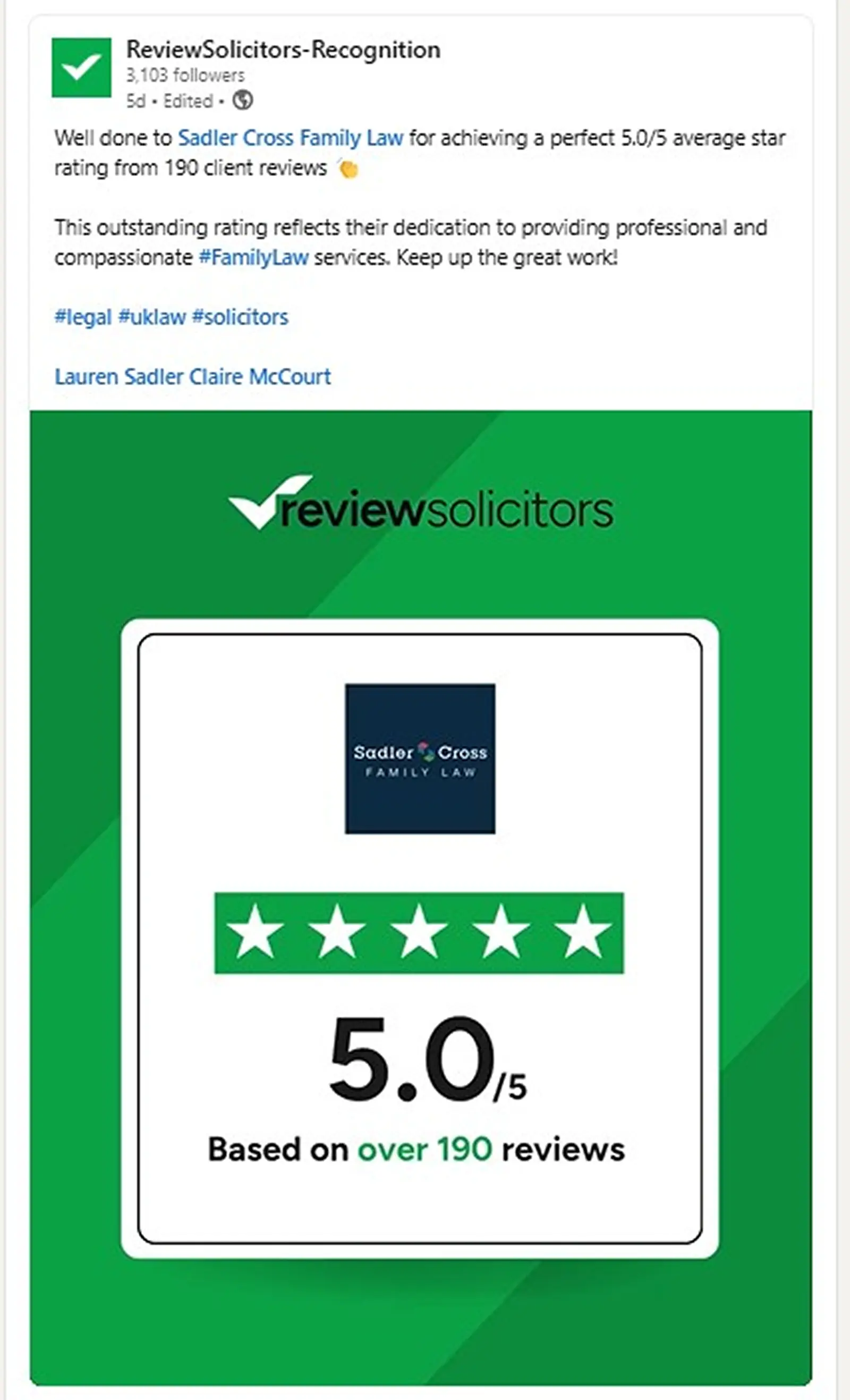 Five-star ratings recognising Sadler Cross Family Law on the ReviewSolicitors platform