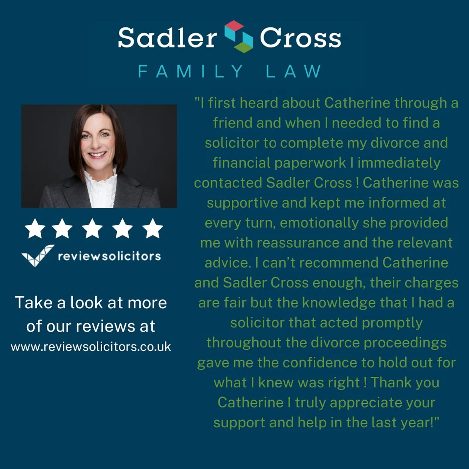 Five-star client testimonial for family law solicitor Catherine Ashton at Sadler Cross