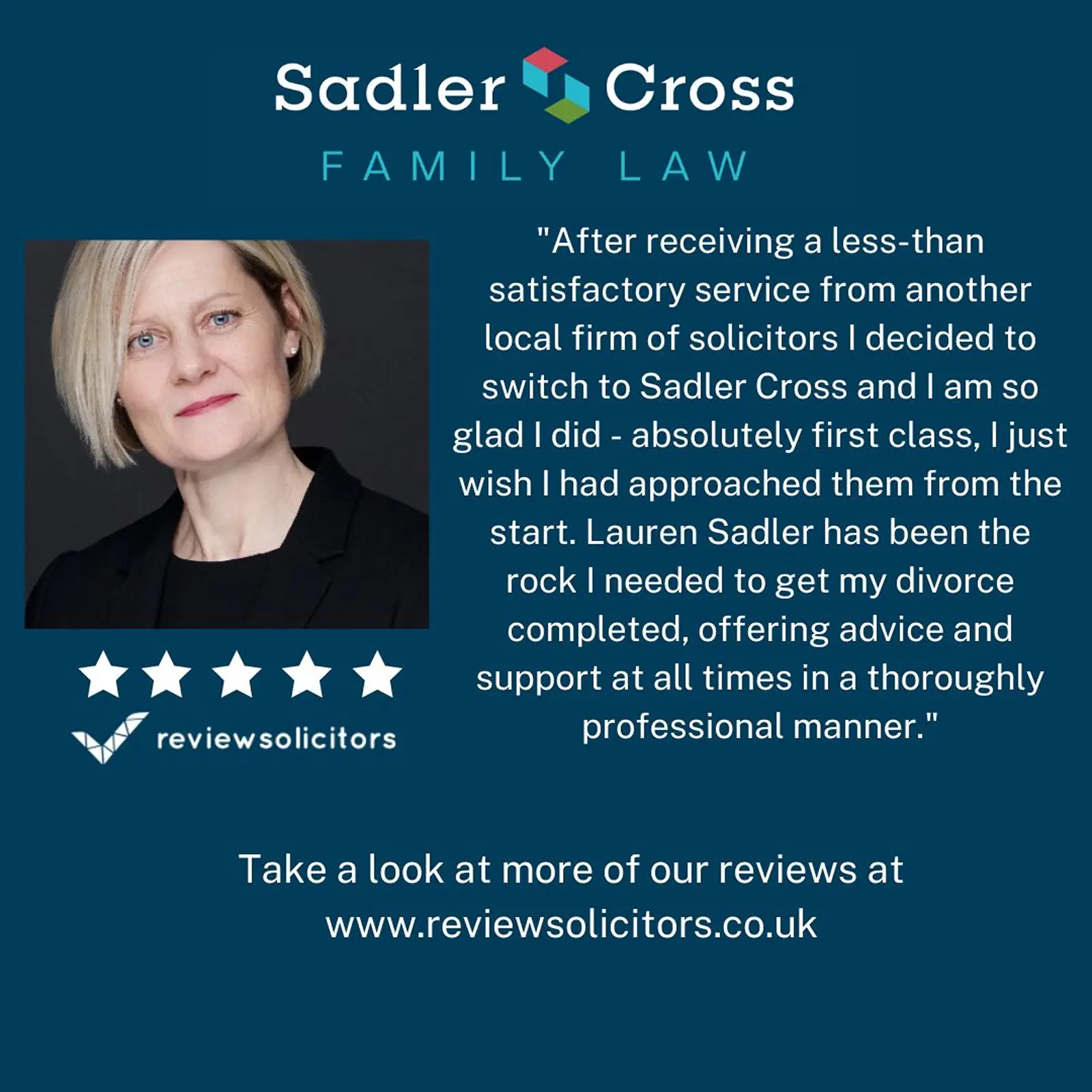Five-star client review for family law solicitor Lauren Sadler at Sadler Cross
