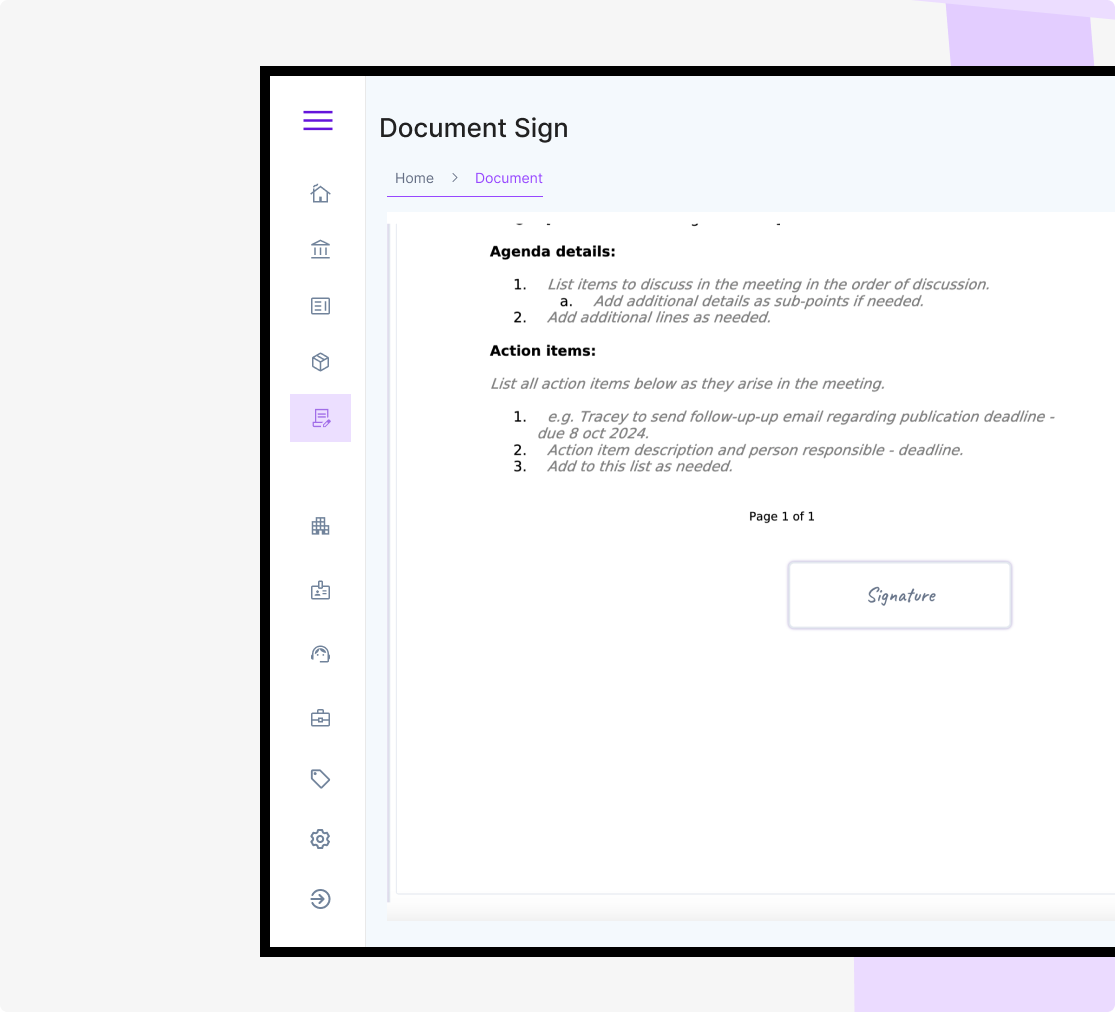 screenshot of sign document in platform