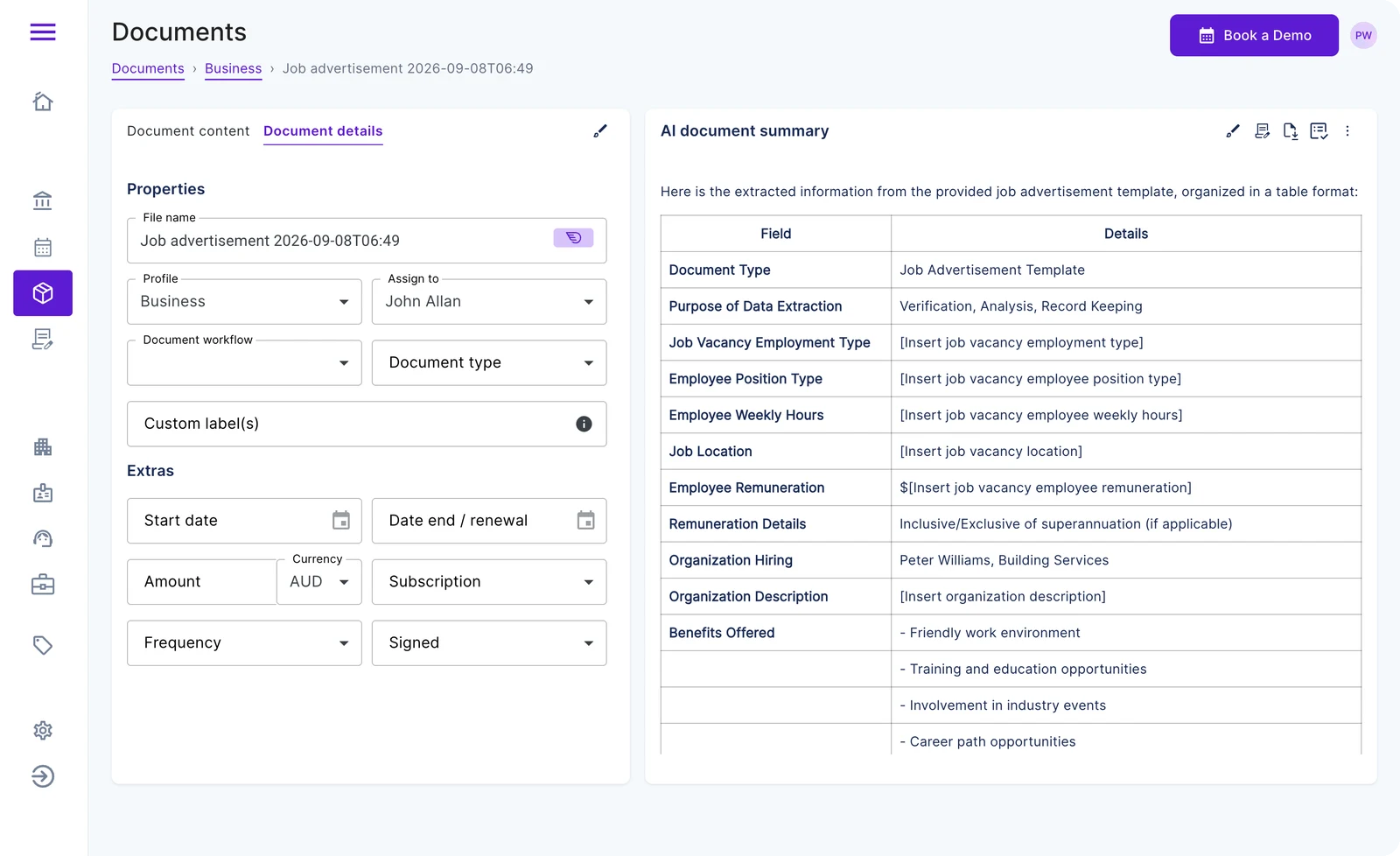 Business Kitz AI summary extracting key details from a document