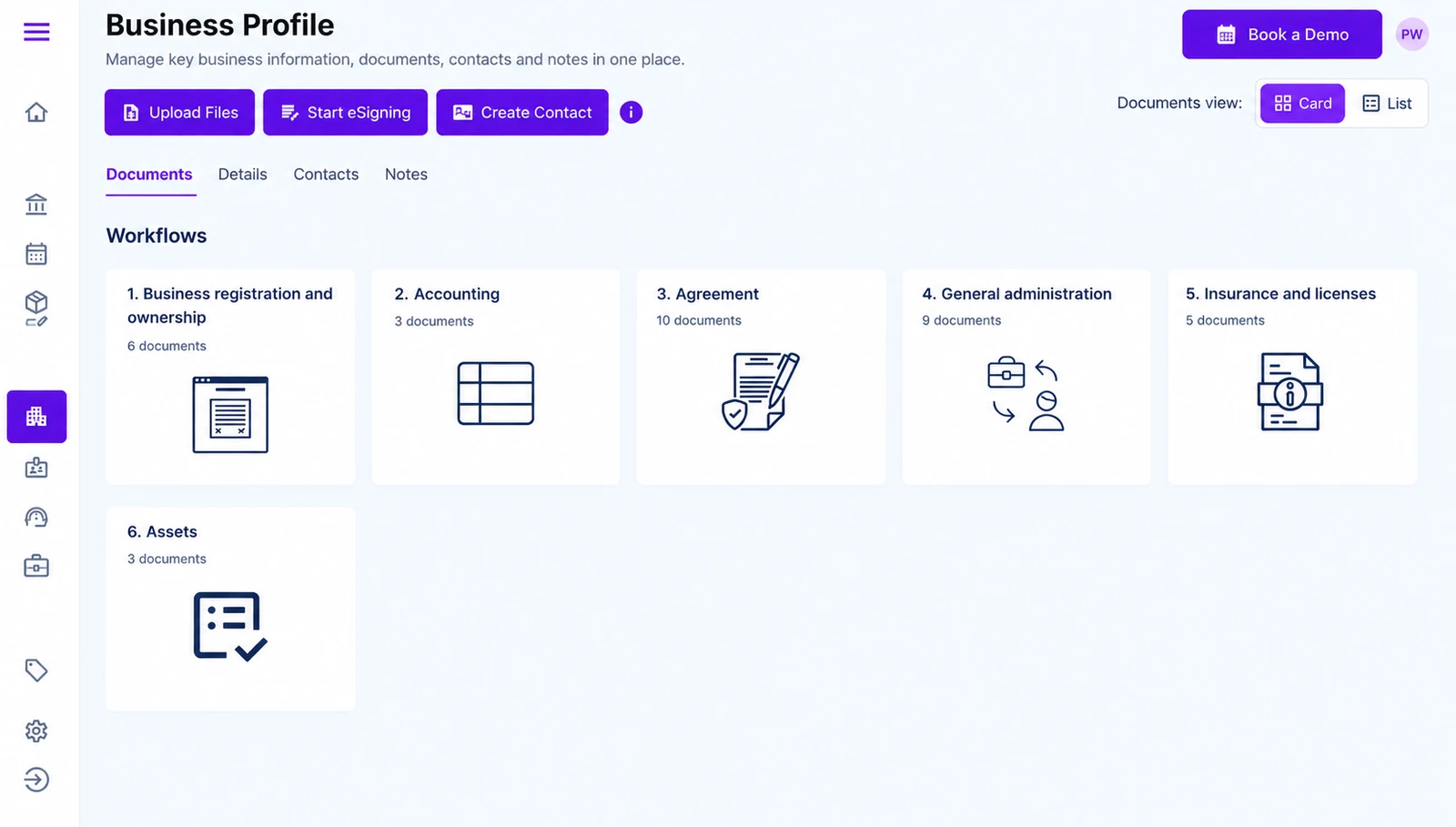 Business Kitz Business Profile showing documents organised into workflows