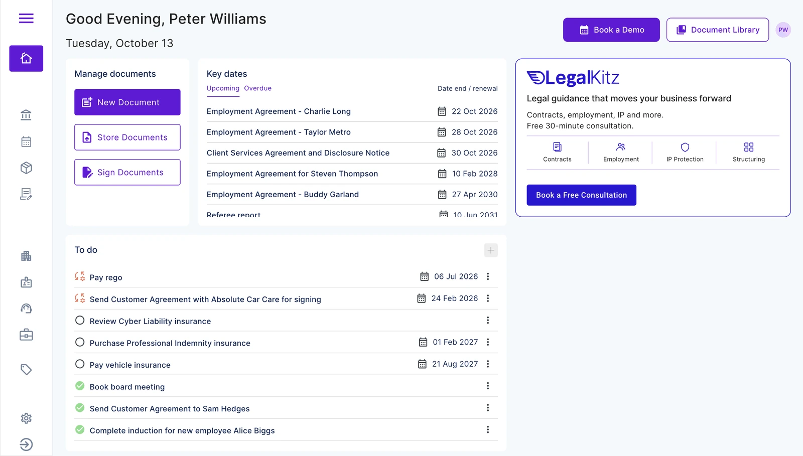 Business Kitz dashboard with documents, key dates, to-dos and Legal Kitz support in one view