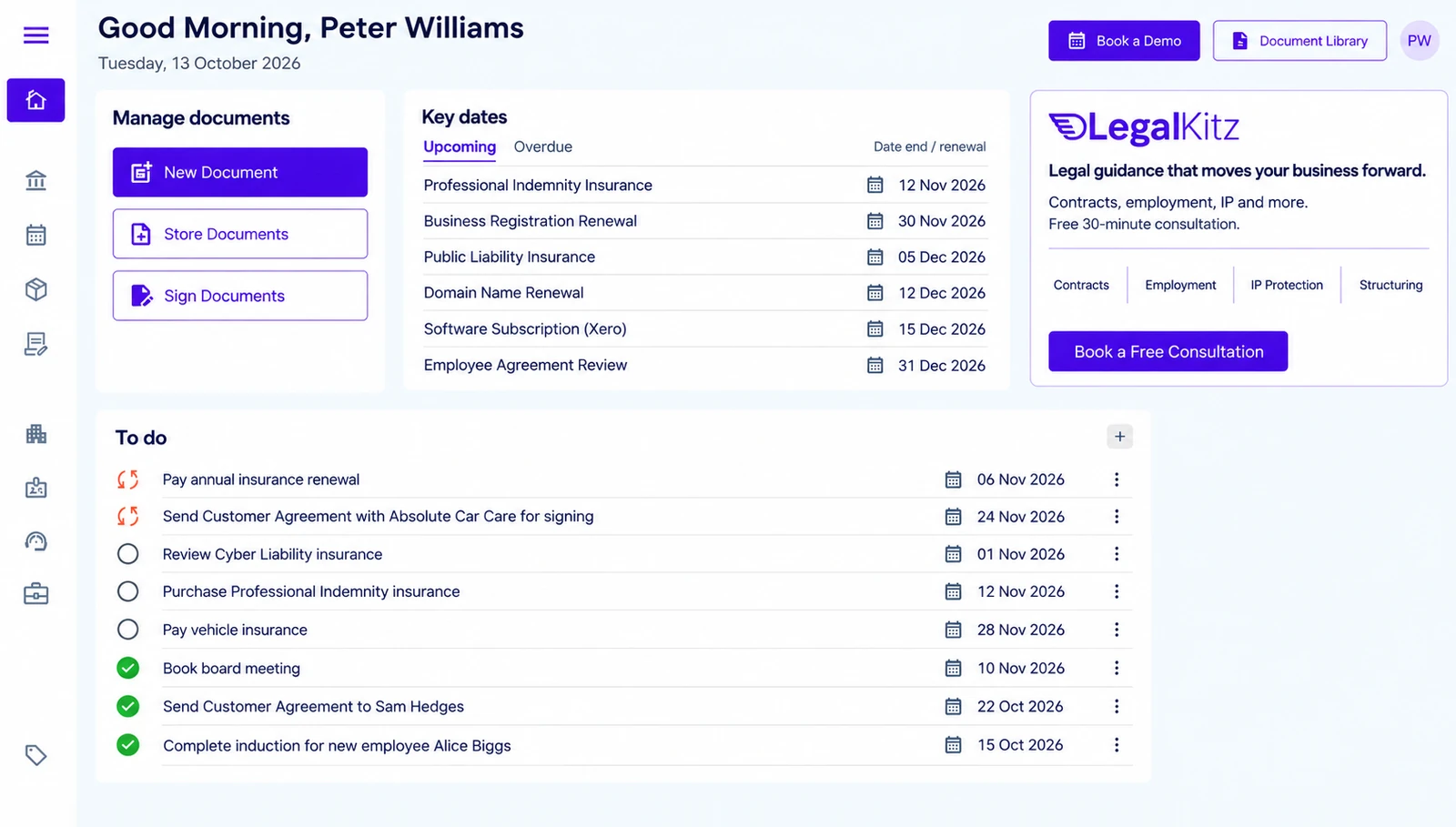Business Kitz dashboard with documents, key dates, to-dos and Legal Kitz support in one view