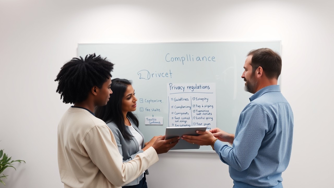 A diverse team brainstorming on privacy compliance in a modern office, using digital tools to review regulations on privacy and confidentiality.