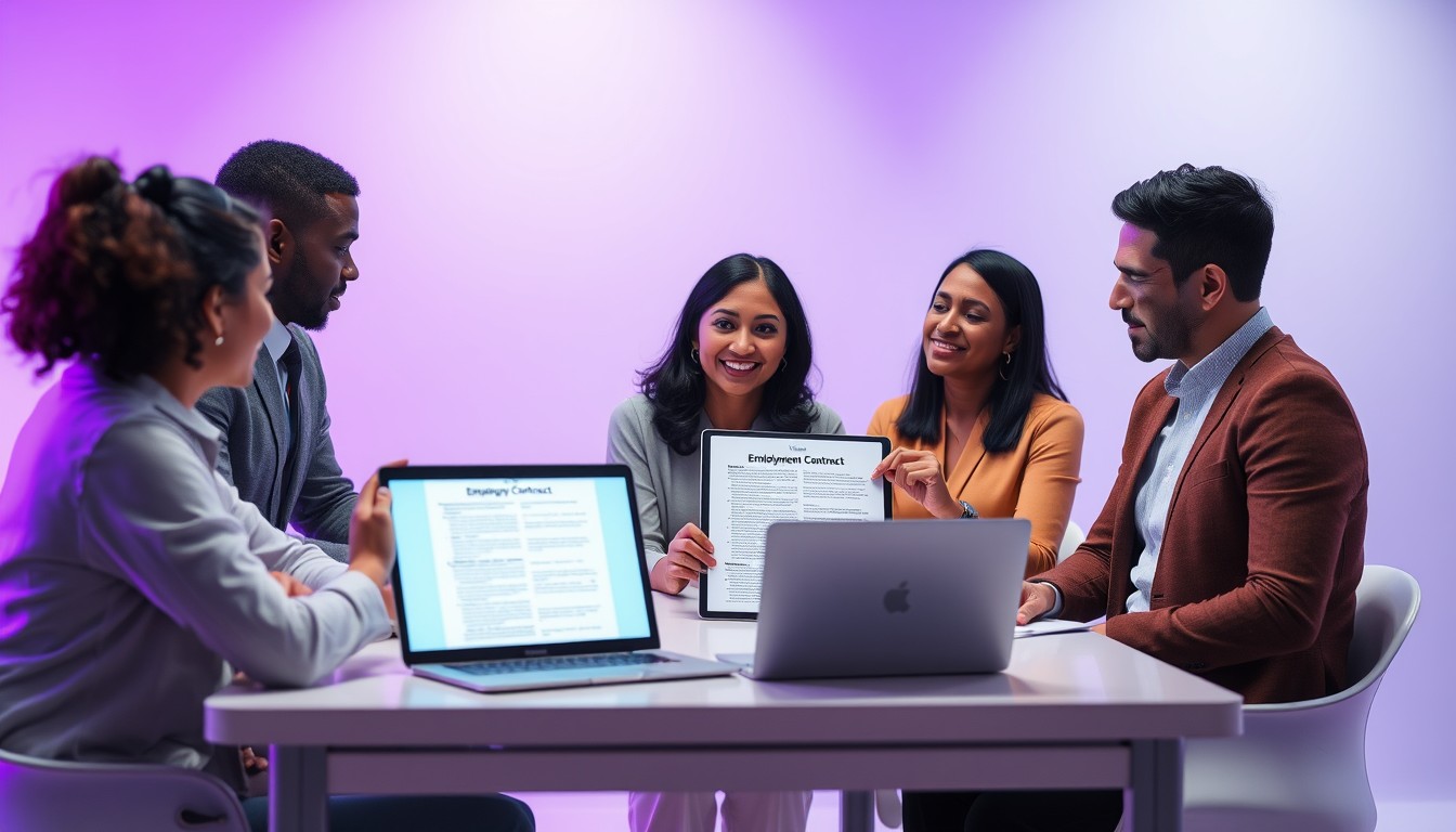 Four professionals from diverse backgrounds—South Asian woman, Black man, Hispanic woman, and Caucasian man—are gathered around a desk in a modern office, discussing an employment contract displayed on a tablet. This scene highlights the collaborative effort involved in understanding employment agreements