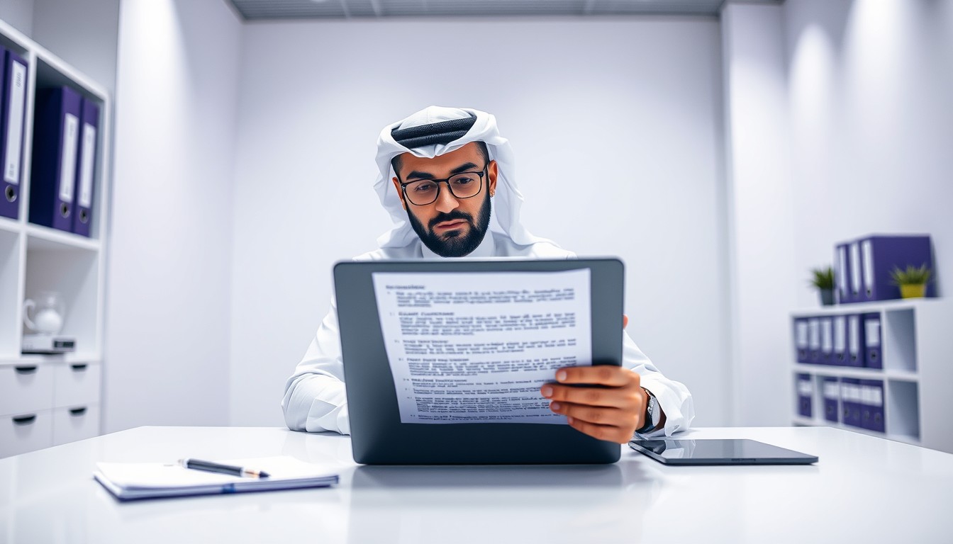 A Middle Eastern man in a professional, minimalist office space is reviewing the terms of an employment contract on his laptop. The close-up shows the screen displaying contract clauses, symbolizing the importance of specificity in employment agreements