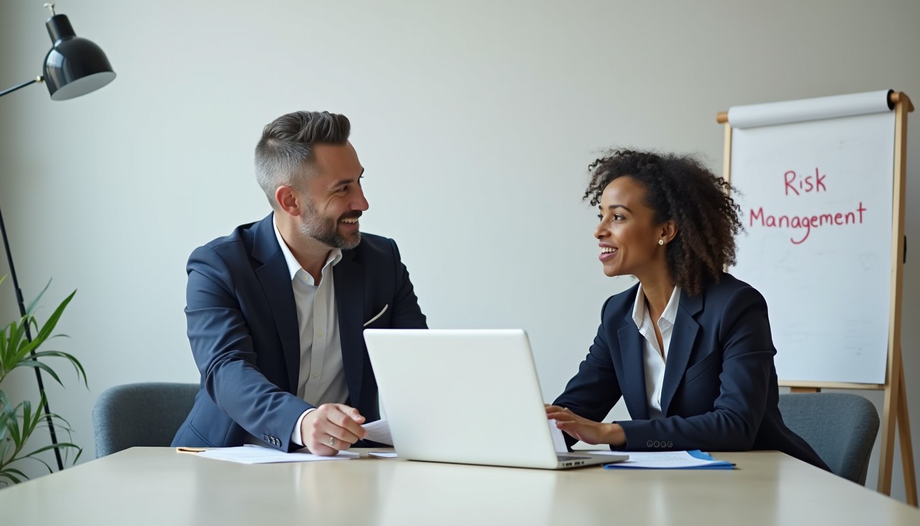 Two business professionals of diverse backgrounds sitting at a modern office table, actively negotiating an indemnity clause in a contract, ensuring fair risk allocation.