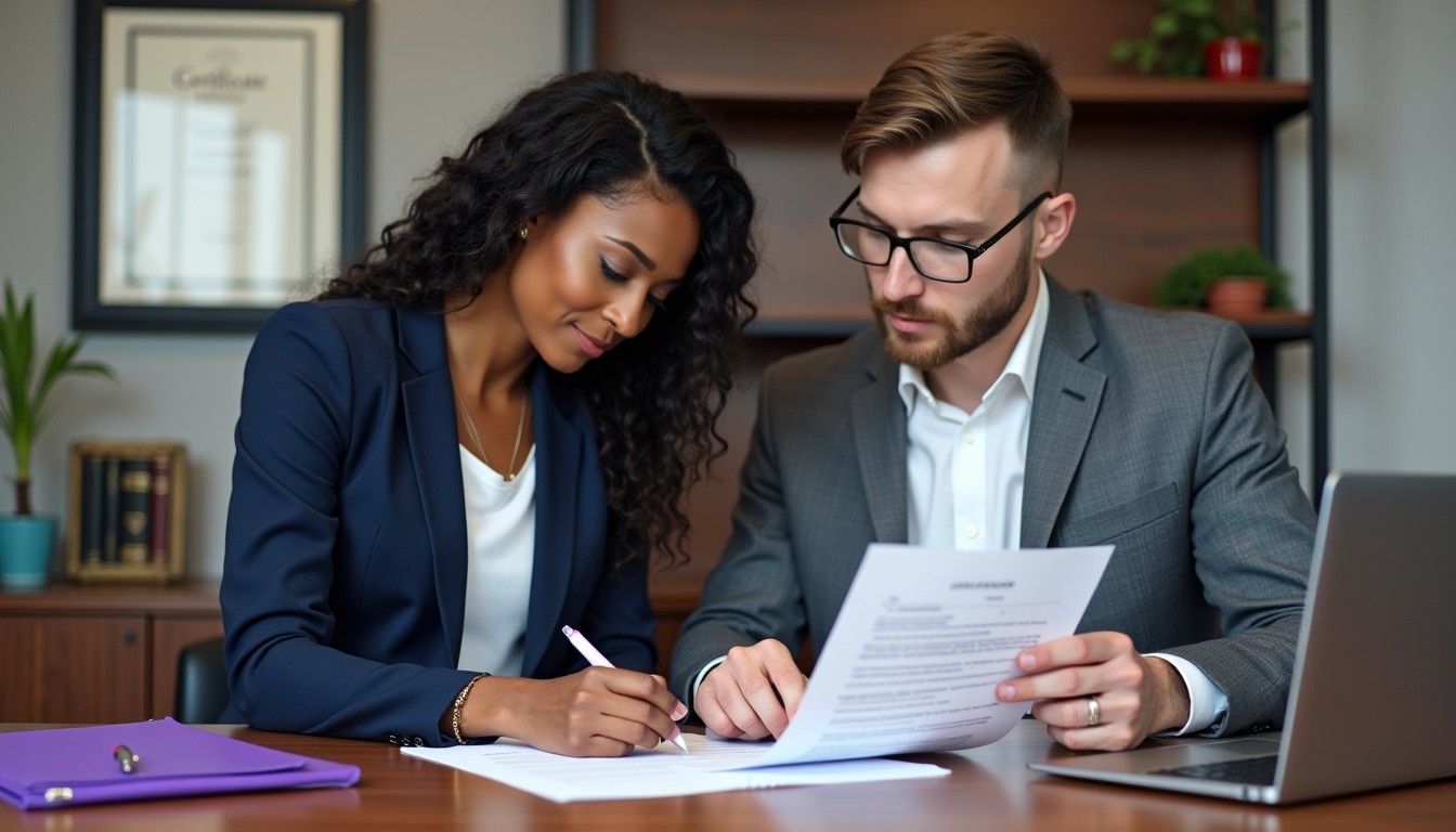 Two legal professionals in an office review an indemnification agreement. One marks key clauses with a highlighter while the other updates the document on a laptop. Law books and a framed certificate add credibility to the scene.