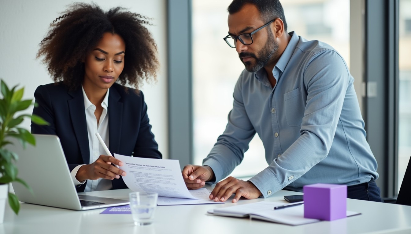 A woman in business attire reviews an indemnification clause on a laptop while a colleague explains risk mitigation strategies. A sticky note on the desk highlights key contract terms.