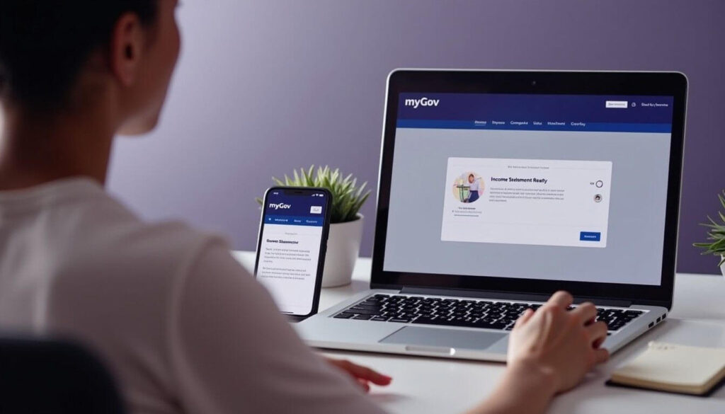 A professional woman seated at a desk accessing her Income Statement via the myGov website on her laptop, with a smartphone beside her showing a notification artwork