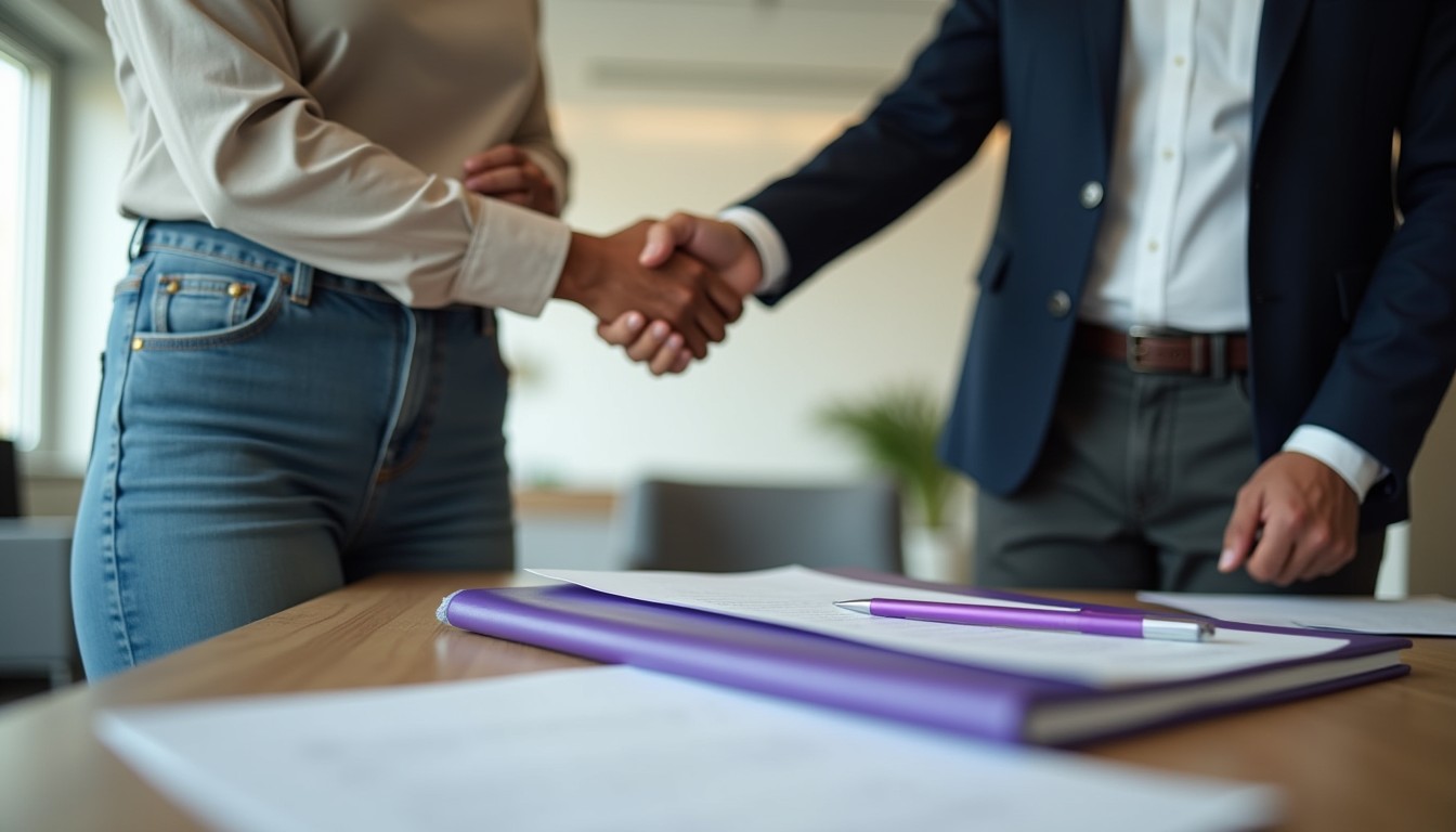 Two professionals shake hands after reviewing a business quote in a modern office, with printed documents on the table and no visible text.