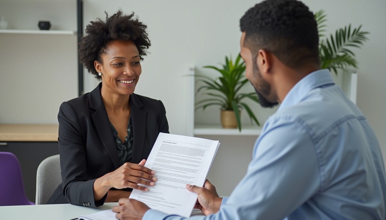 A professional discusses a business quote with a client in a calm office setting, showing printed paperwork with no visible text.