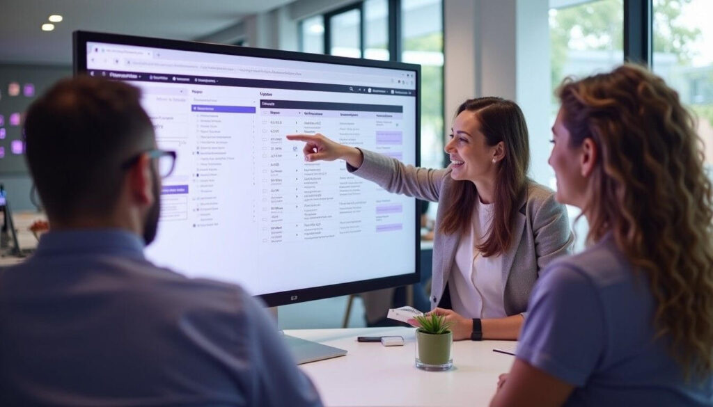 A diverse team of professionals in a modern office collaborating on a payroll software interface, demonstrating reporting through Single Touch Payroll artwork