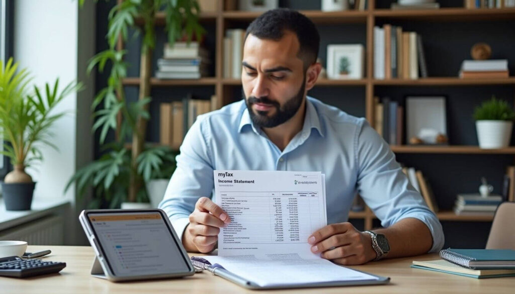 A professional man reviewing an Income Statement at his desk with a tablet showing the myTax interface, preparing his tax return efficiently artwork
