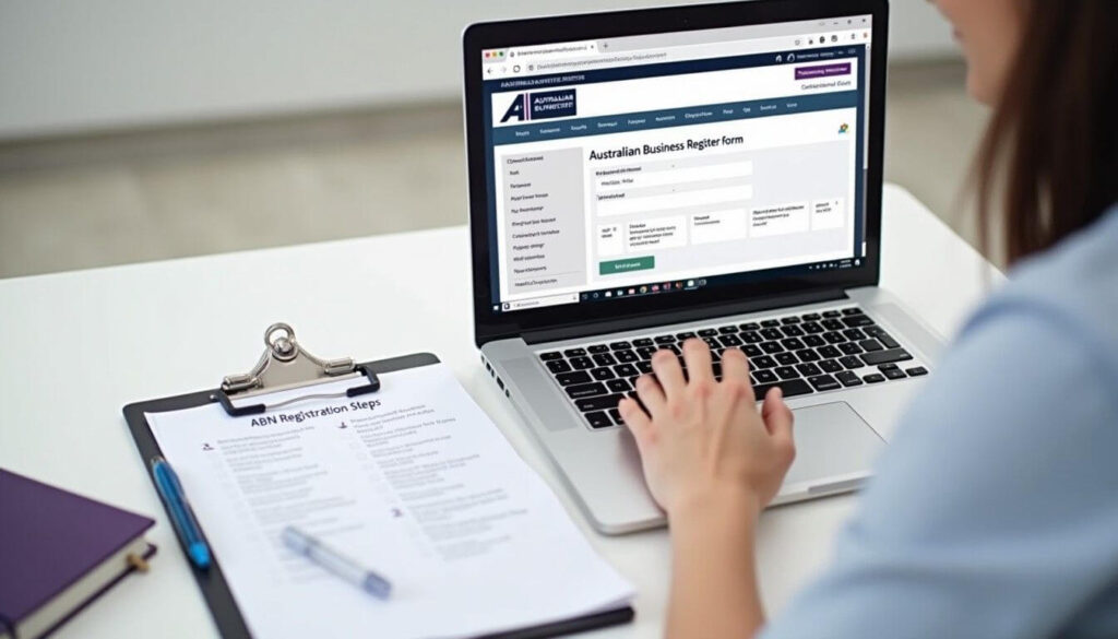 A professional completing an ABN registration on a laptop with supporting documents, symbolising efficient tax compliance artwork