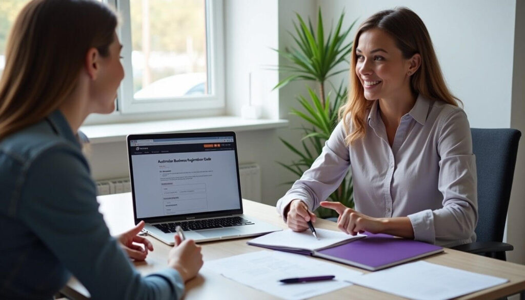 A mentor guiding a small business owner through the Australian business registration process, emphasising key steps for ABN and ACN requirements artwork