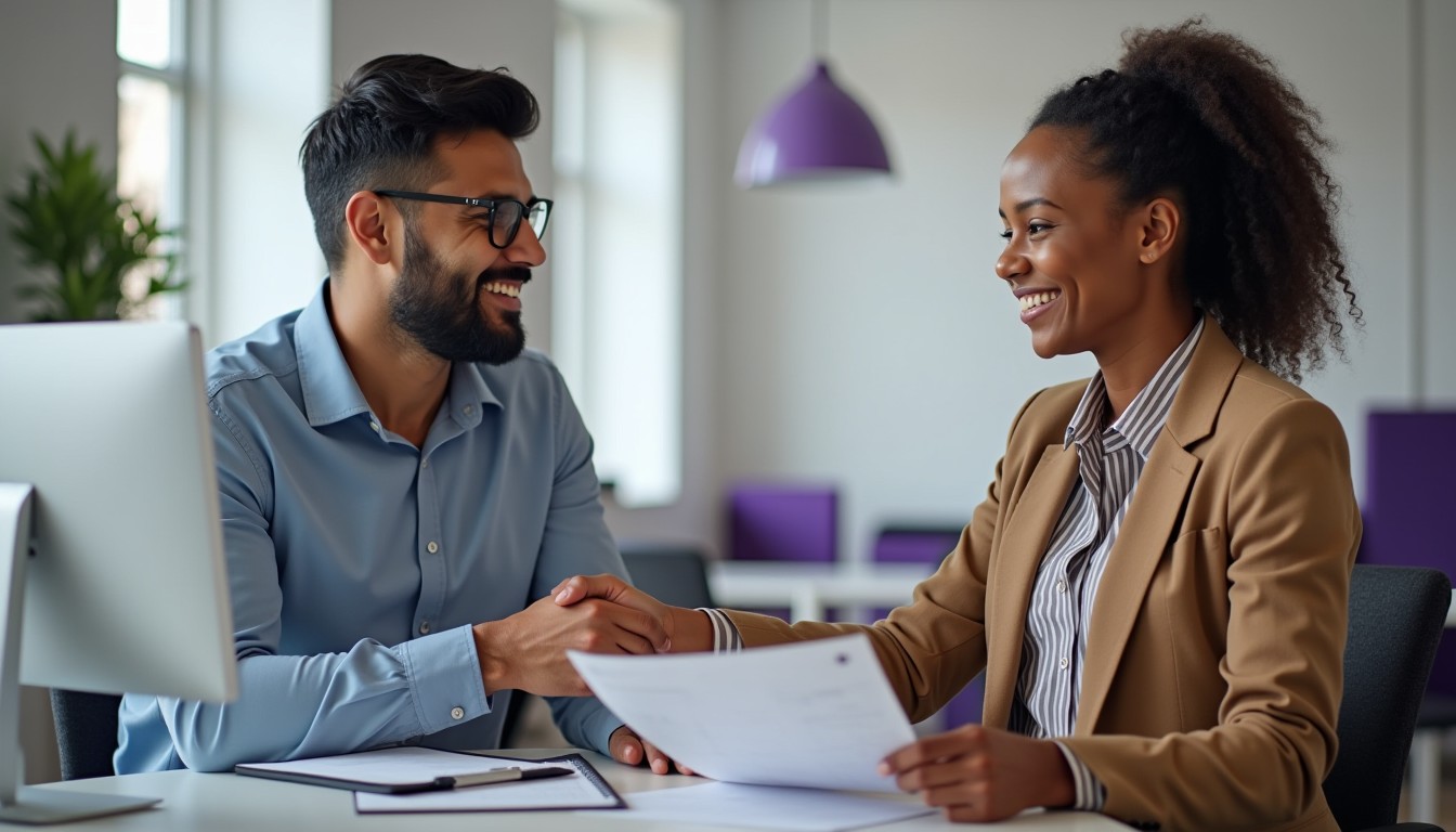 A manager in a professional office approves a long service leave request for an employee, as they exchange a handshake and discuss the leave approval process.