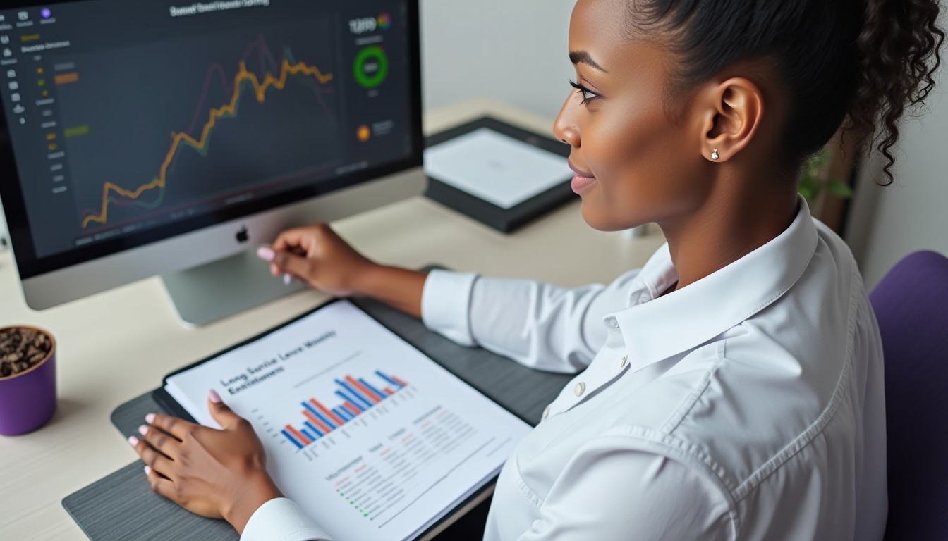A professional woman in an office uses payroll software to calculate long service leave entitlements, with notes and documents on her desk for reference.