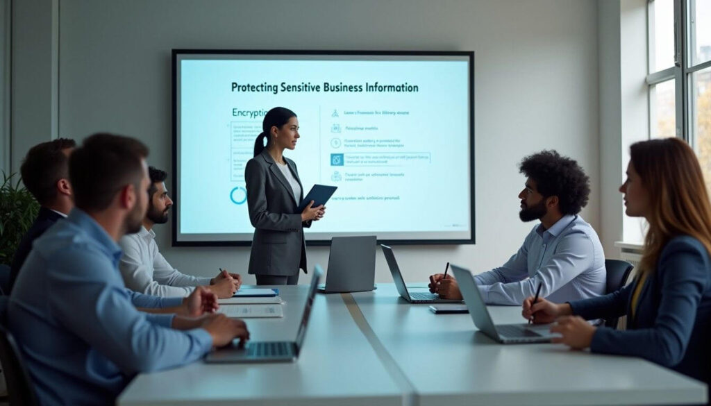 A cybersecurity expert leads a presentation on protecting sensitive business information, discussing encryption and breach prevention with a diverse team artwork
