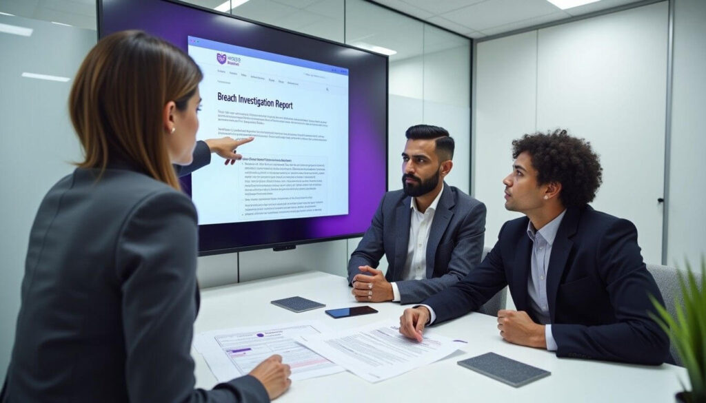 A legal team in a modern office reviews a confidentiality breach investigation, discussing potential legal action to protect confidential business data artwork
