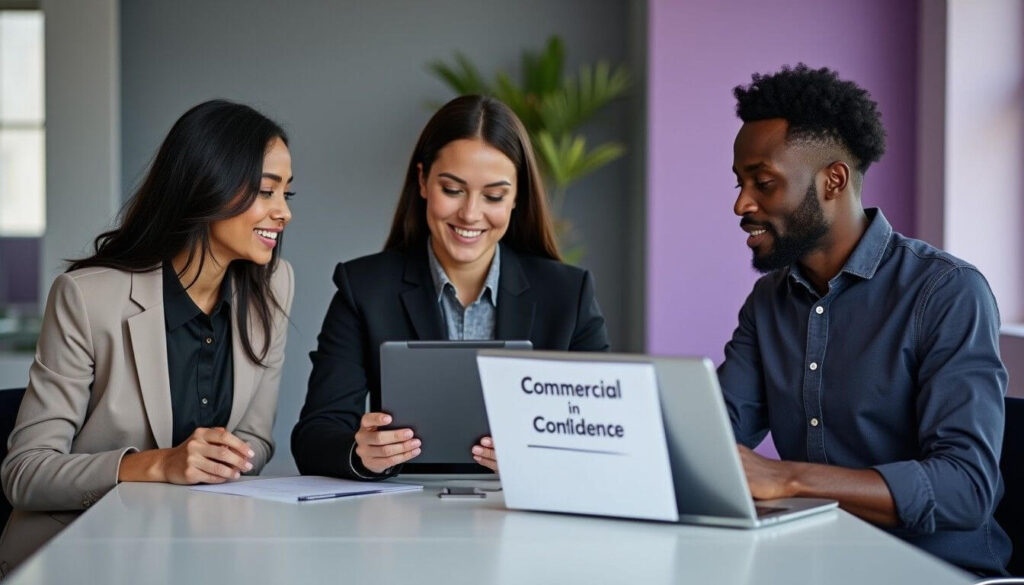A diverse group of professionals in a modern office reviews a confidentiality agreement on a tablet, discussing commercial in confidence policies artwork