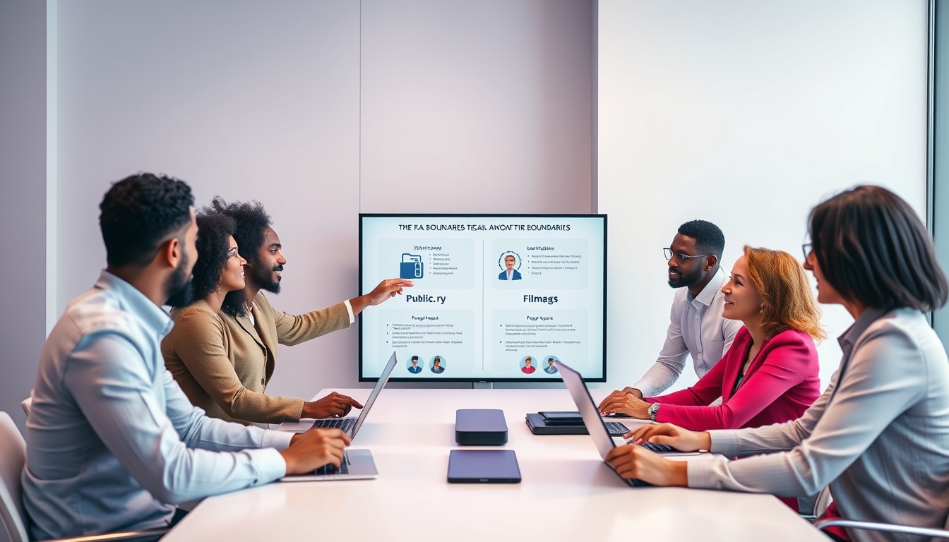  A diverse group of professionals in a modern office, discussing the importance of obtaining consent before recording someone. The image highlights the legal and ethical best practices for recording in professional settings.