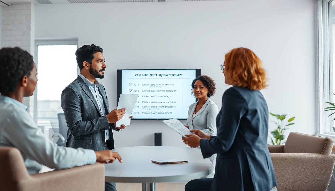 A lawyer explaining the legal consequences of recording someone without consent to a client in a modern, minimalist office. The image emphasizes the serious legal penalties involved. 