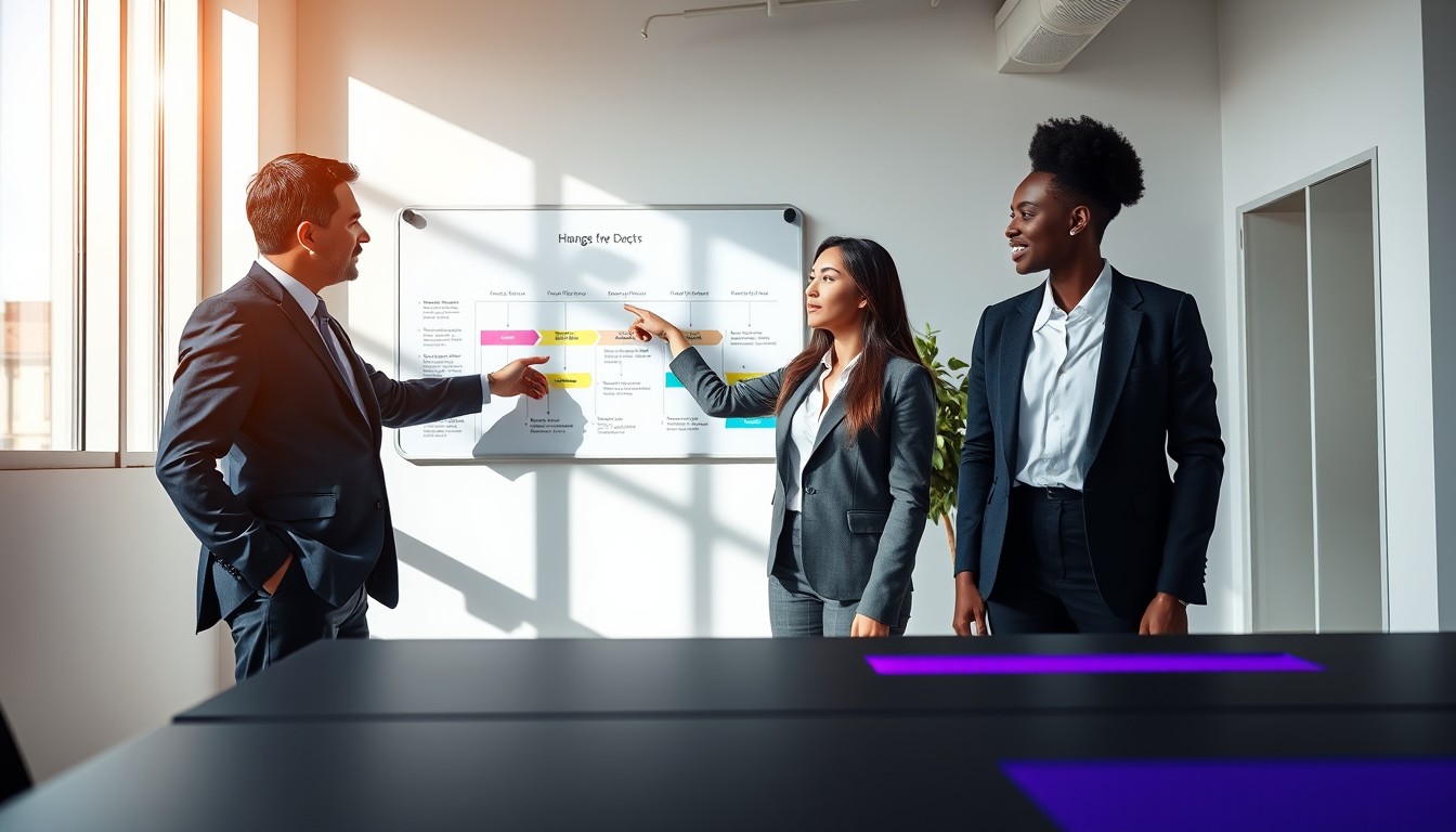  A diverse group of professionals (White man, East Asian woman, Black woman) in a modern meeting room discussing the terms and potential extensions of a settlement deed. The clean, professional setting emphasizes collaboration and thoughtful decision-making.
