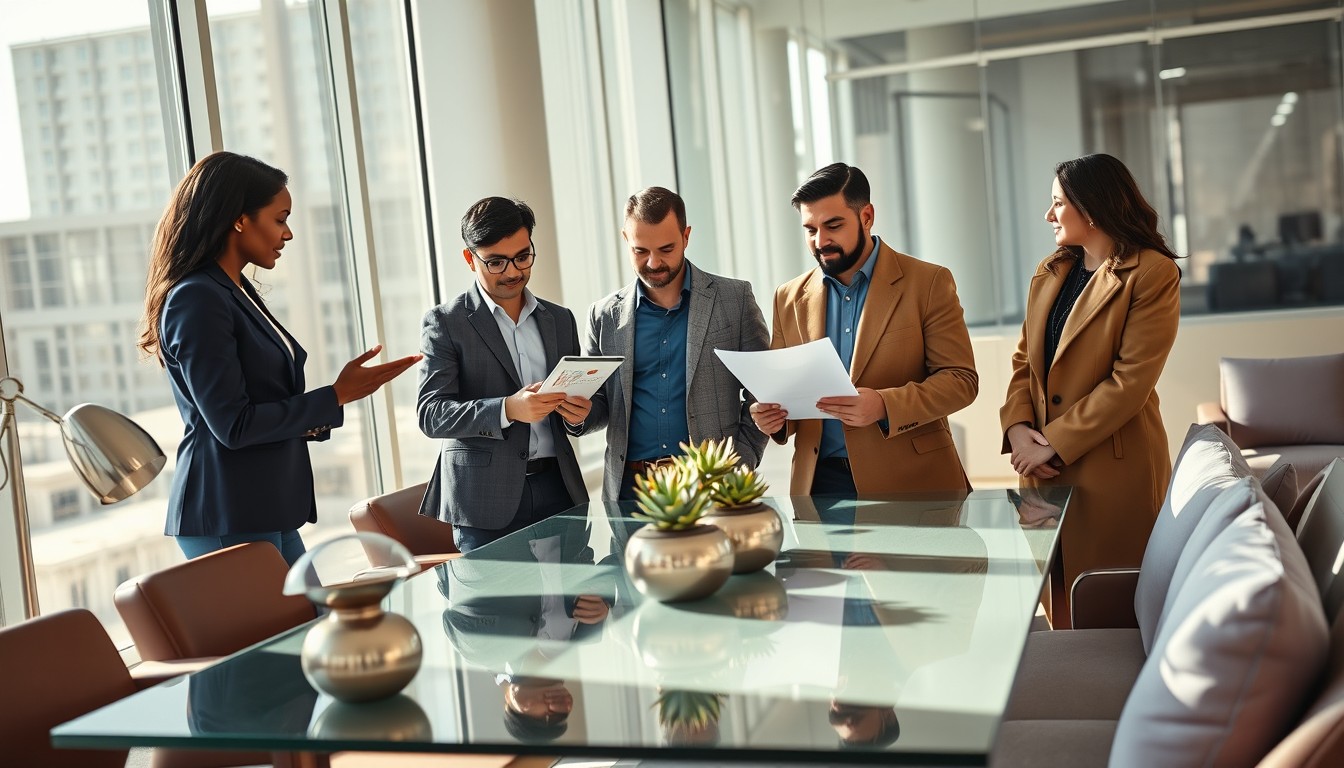 A diverse team of professionals (Black woman, South Asian man, Caucasian man, and Hispanic woman) collaborating in a modern office environment, reviewing a settlement deed document. The team is engaged in a professional discussion, using digital devices, with a minimalist and efficient office layout.