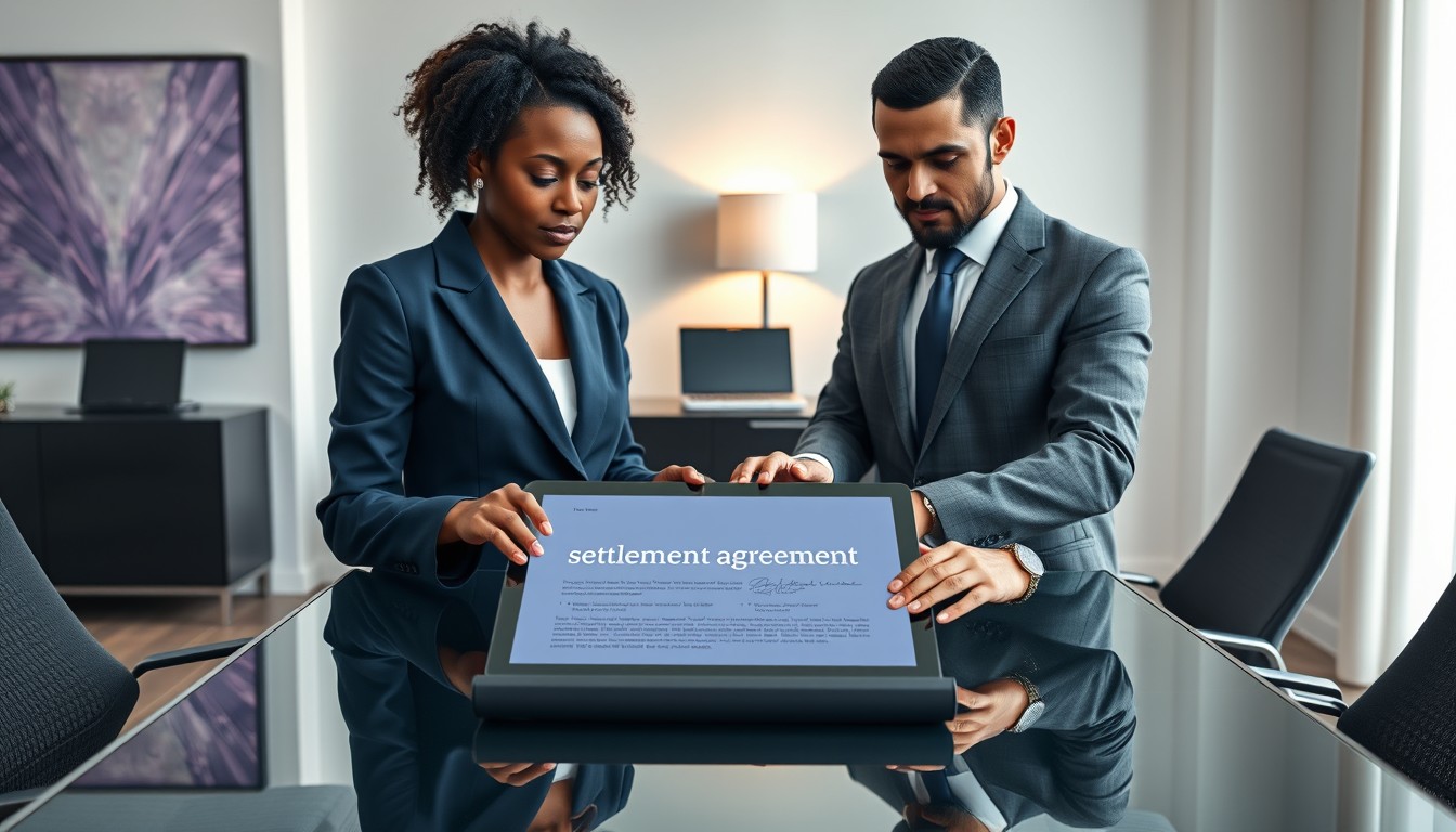 A Black woman and Middle Eastern man in a minimalist office, digitally signing a settlement deed on a tablet. The setting reflects a clean, professional environment, symbolizing efficiency and the seamless resolution of business disputes.