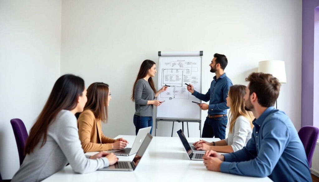 A diverse team in a modern meeting room collaborating on a secondment planning session, with individuals discussing and taking notes.