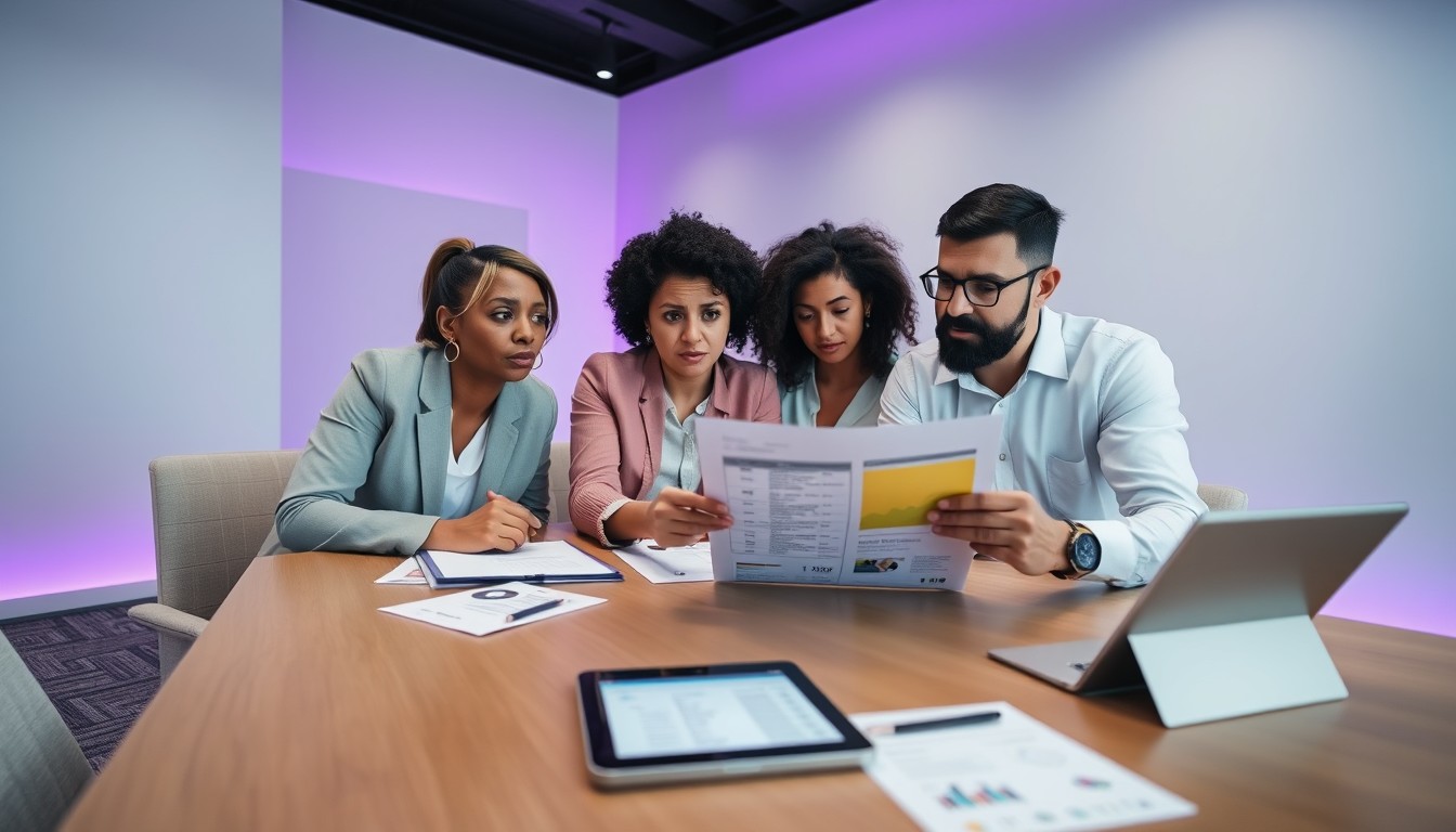 Professionals reviewing the risks of deviating from RRP, with a focus on sales reports and price tags. The modern and minimalist office space reflects a thoughtful and careful approach to pricing.