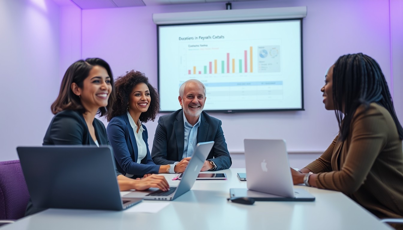 Group of professionals discussing the importance of RRP in building trust between retailers, suppliers, and customers. The modern office setting emphasizes collaboration and engagement.