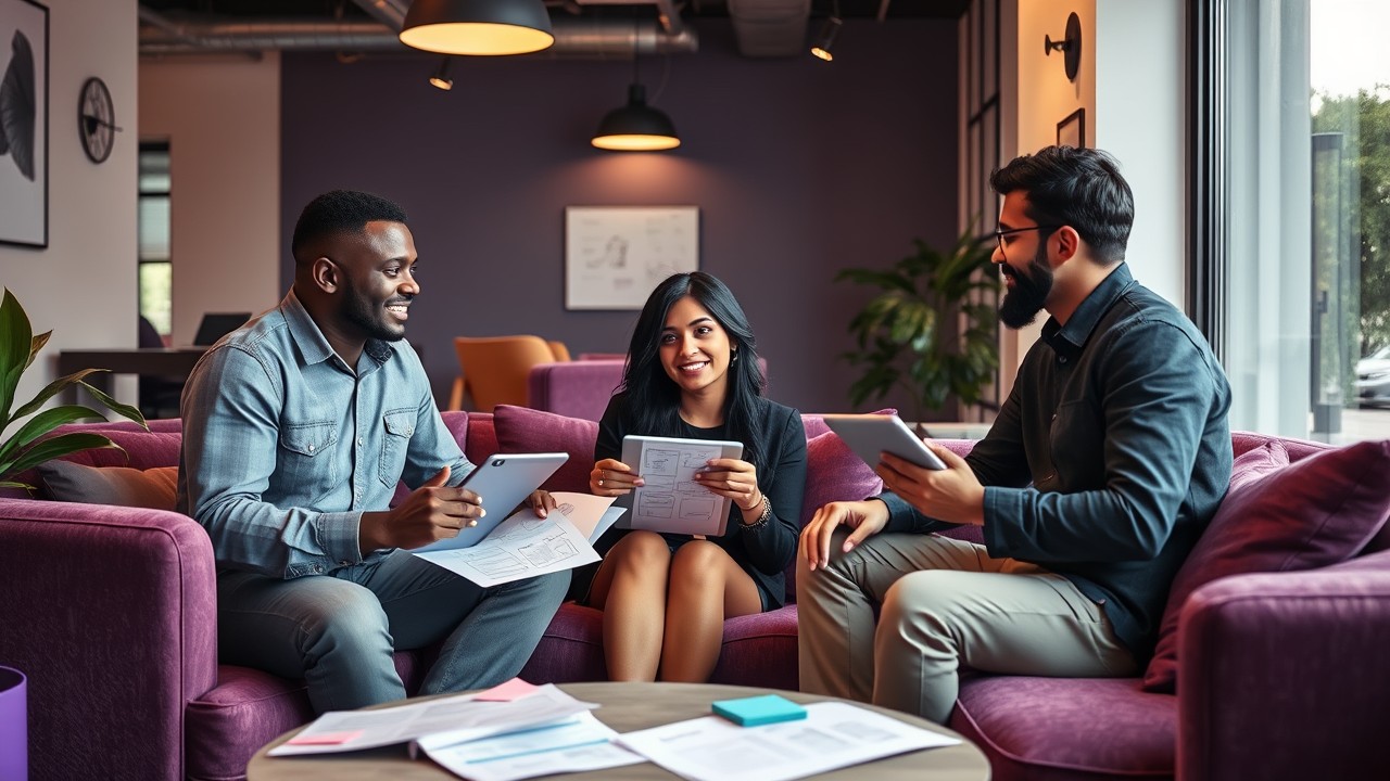 Diverse team collaborating in a modern office, reviewing a digital bill of exchange on-screen. The scene reflects teamwork and the practical use of negotiable instruments in international trade.