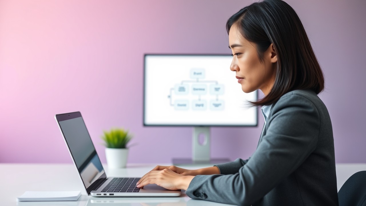 An Asian woman works in a minimalist home office, focused on a simple digital flowchart. The clean desk and subtle purple gradient wall represent clarity found within chaos.