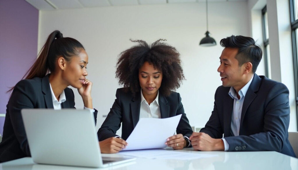 A diverse team in a modern office reviews a contract. A lawyer and a business owner discuss terms, representing different forms of contract acceptance artwork