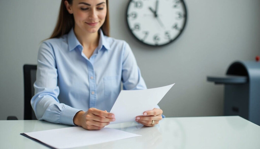 A professional woman in a modern office mails a contract acceptance letter, represent the postal acceptance rule and the importance of time artwork
